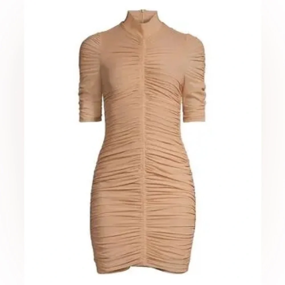 Black Halo Women's Meadow Mini Ruched Mesh Bodycon Honey Beige CLUB Dress 4 - Picture 2 of 6